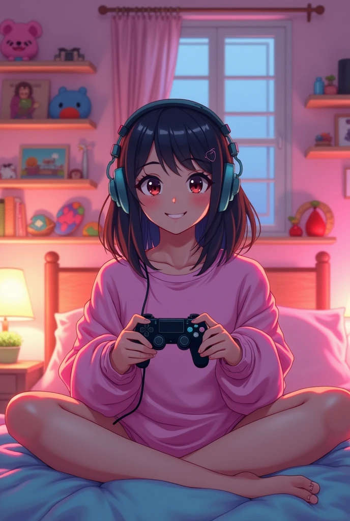 Anime gamer girl with a taned skin with a Controllers in is hand in her pink room
she smile and she wear a sweat-shirt