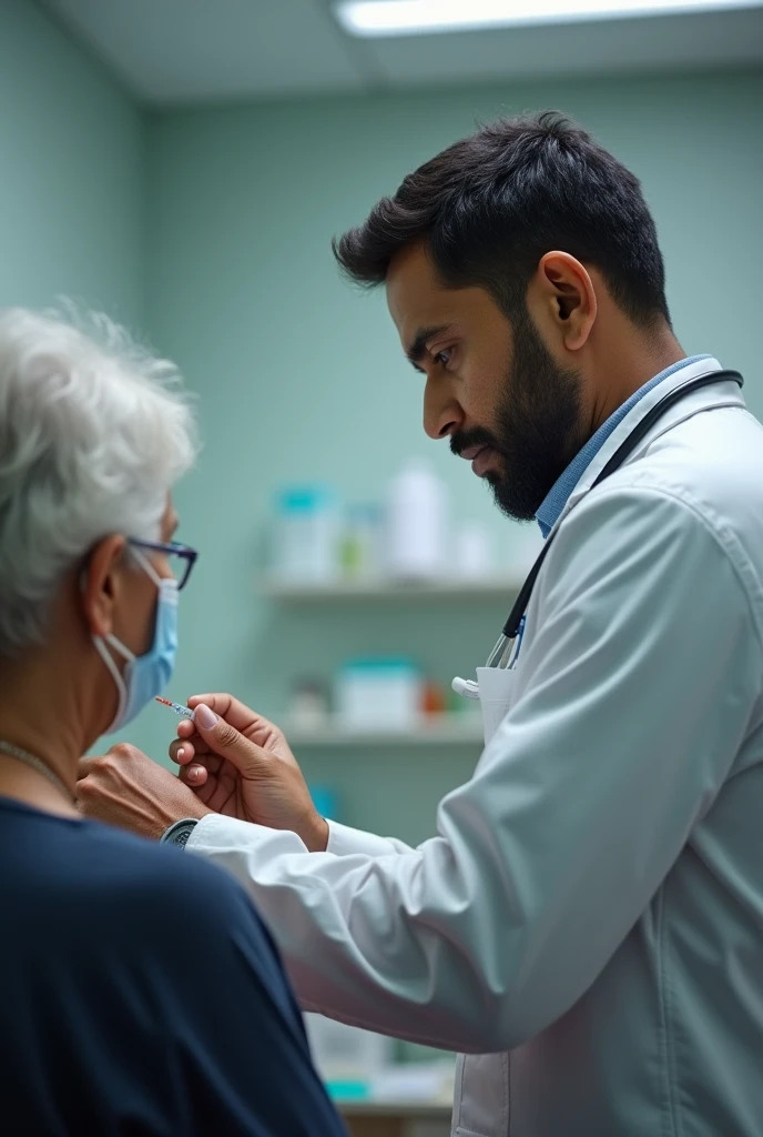 30 years Indian male doctor is giving injection to old lady. his back side should be displayed. He has light thin beard, good hair style.