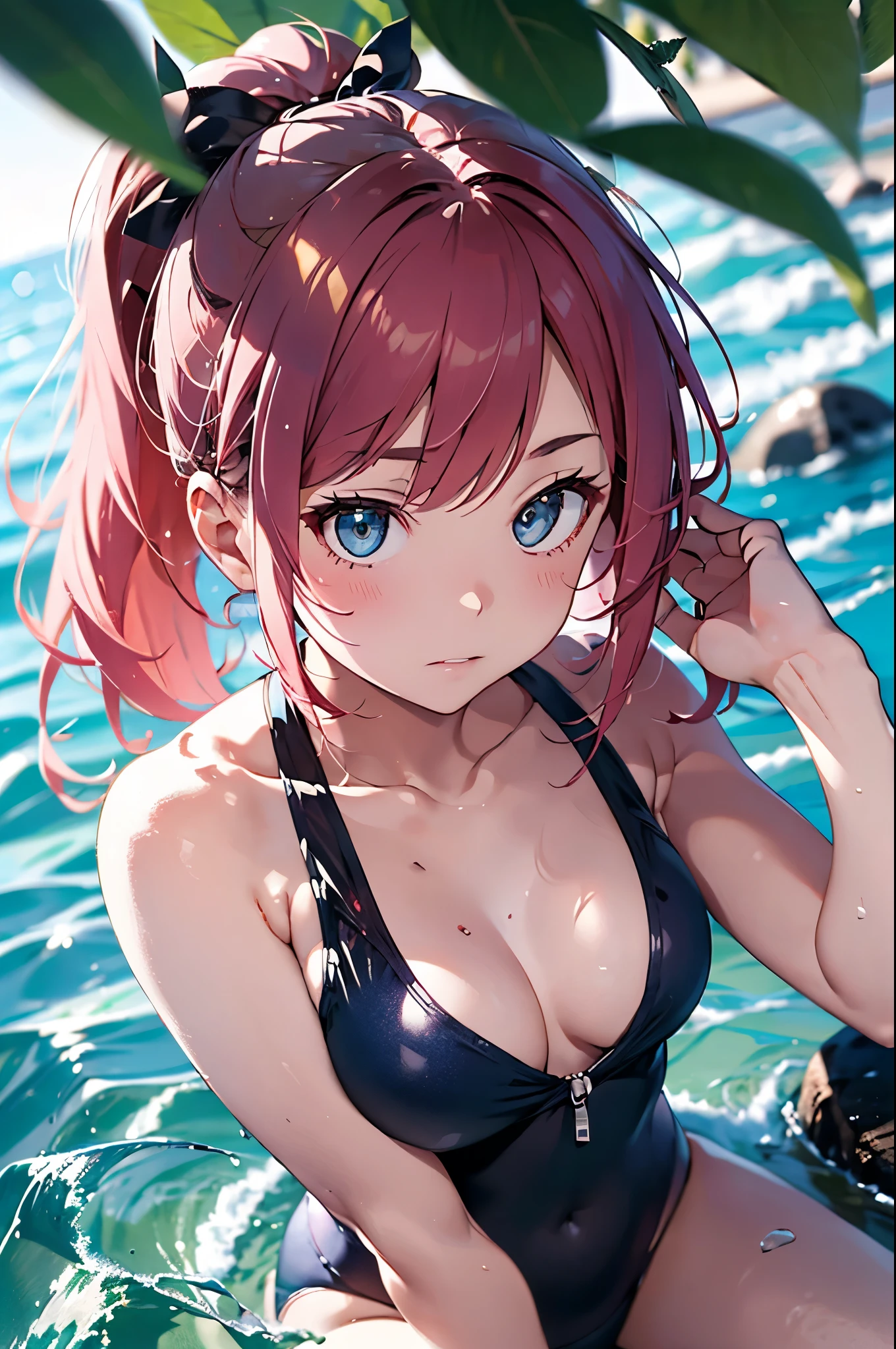 4K,8k,High resolution,Pink Swimsuit、
A pretty young woman,Pink Hair、ponytail、Pink Swimsuit、
(Soft Saturation:1.3), (Fair skin:1.2),
(ultra-Detailed Background, Detailed Background), Bokeh,
break&#39;Smiling portrait.,
When viewed from the front, The composition is symmetrical,
Looking straight at you with serious eyes,
break Swimwear, White Bikini, Center of chest, 
Outdoor, Sea surface, null, sunlight,Summer beach, Sandy Beach,
Strong light, Front lighting, 
(Teen:1.3), (Cowboy Shot:1.2),
Front brake angle,
View your audience,
Dynamic pose,
sitting on the beach
Wakame seaweed、Wakame seaweed、
Seaweed、Seaweed、Seaweed、Seaweed、Seaweed、Seaweed、Seaweed、