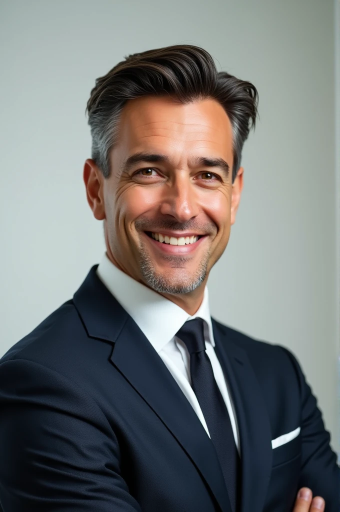 Generate an attractive businessman with a sharp jawline, confident smile, defined cheekbones, clear eyes, sleek hair, and a professional, focused expression.