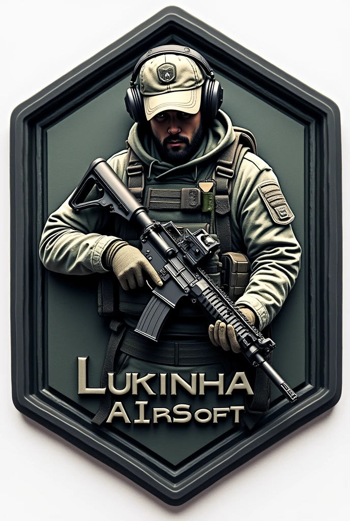 Create Hexagonal Rubber Patch, military coat of arms with an assault operator carrying an m4 rifle wearing a cap and headphones in the center and the name Lukinha Airsoft