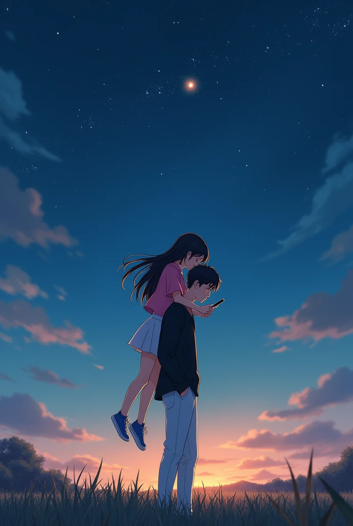 A boy carries a girl on his back.there is nothing and there are stars. You are standing in a field.the girl shows him her favorite song from her mobile phone. She is happy about the song.he looks at her and smiles because she is happy about the sobg.the girl has long black hair and is pretty.she is wearing a pink top,a white skirt and blue shoes.he has black hair.He wears white shoes,white pants and a black shirt