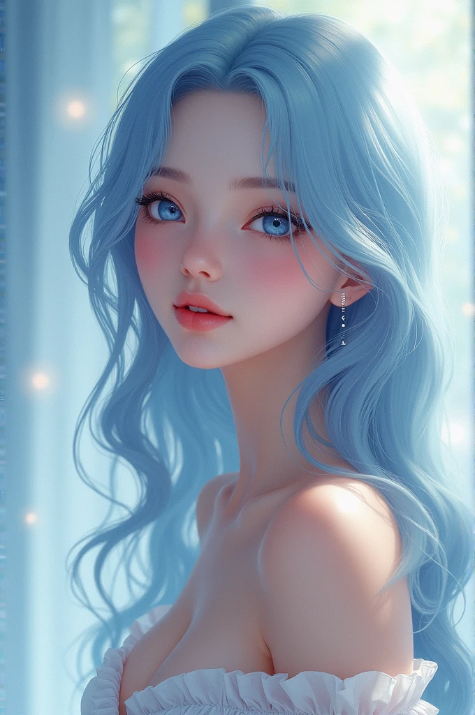 1girl, light blue hair, long hair, silky hair, blushing cheeks, blue eyes, large eyes, expressive eyes, long eyelashes, tender gaze, confident posture, soft lips, parted lips, pink lips, porcelain skin, fair skin, flushed cheeks, delicate features, ethereal beauty, elegant, serene expression, youthful appearance, mature aura, flawless skin, graceful, poise, upper body, perfect composition, intricate details, HDR, (masterpiece), (best quality), (ultra-detailed), illustration, looking at viewer, indoors, soft lighting, bokeh, solo, age 21.
