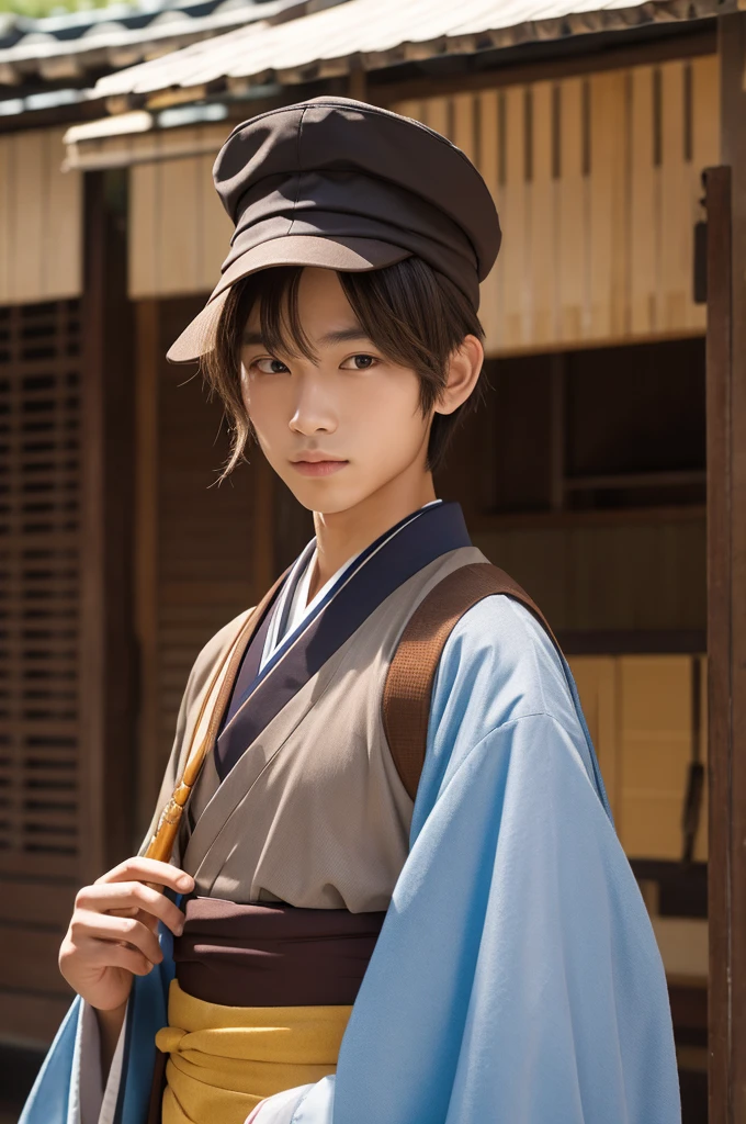 A man with shoulder-length brown hair wearing a school cap and a kimono