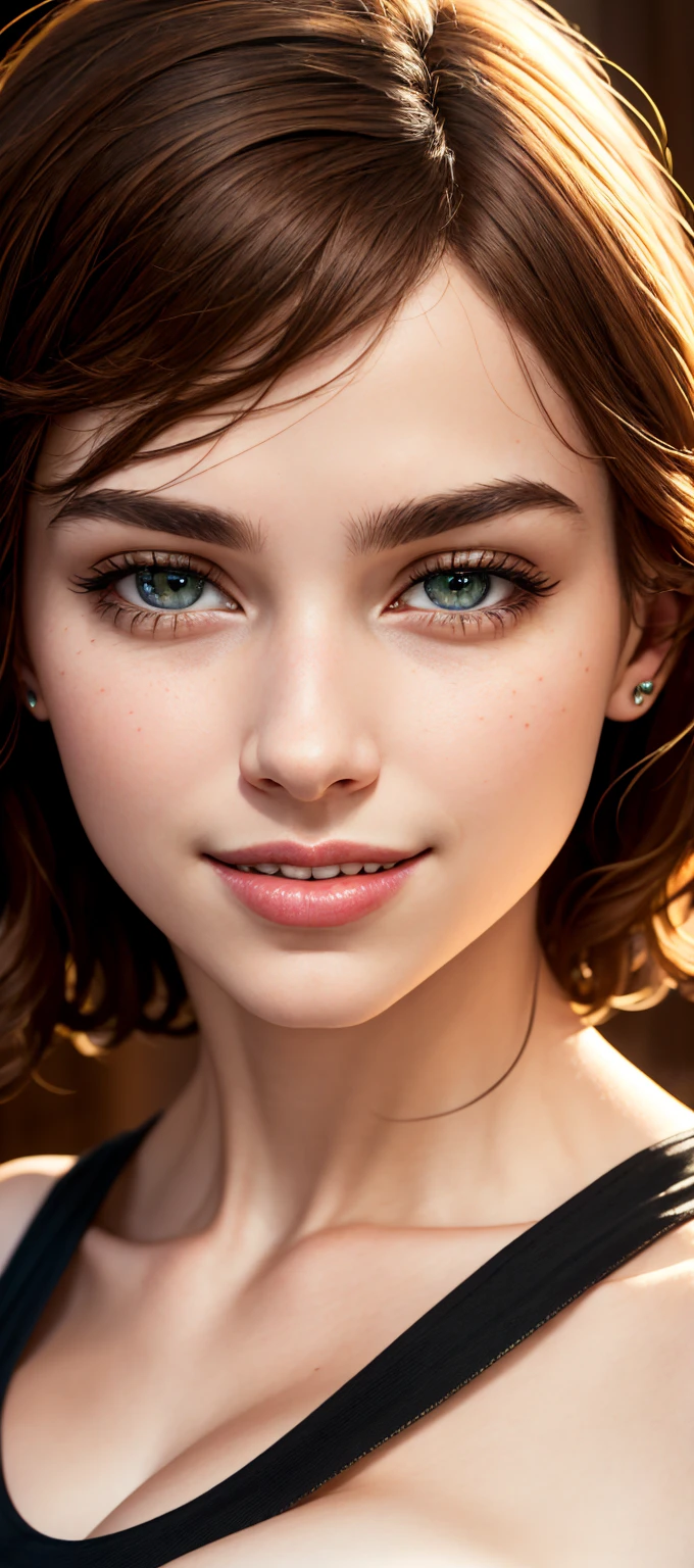 (UHD), (32k), (Mastepiece), (highres, high resolution), (Advanced facial details), (natural skin:1.3), (DSLR), (high quality), (finely detailed face), (top quality), (Best Quality), (photorealistic:1.4) , (hyperrealistic:1.4), (Centered), ((Full-length portrait)), (((alena aenami))), (((face portrait))), face, beautiful face, chignon, red lipstick, smiling, sleeveless black t-shirt, cleavage.