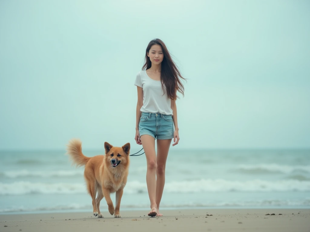 fot, taken from a distance that shows the entire body, She is very young, plein-air, em uma praia, short mini skirt and t-shirt, medium hips, Caucasian skin, sad for a lost love, long brown hair, a softened wry smile - contained excitement, Soft lighting on your face, realistic skin-clothes-hair textures, sky blue eyes carpeted mist, beautiful real textures and delicate aesthetics, full body view, walking with a dog, notable for natural feminine beauty, noise, 8 k quality, FOTO RAW, by professional photographer, rule of thirds, Extremely Detailed