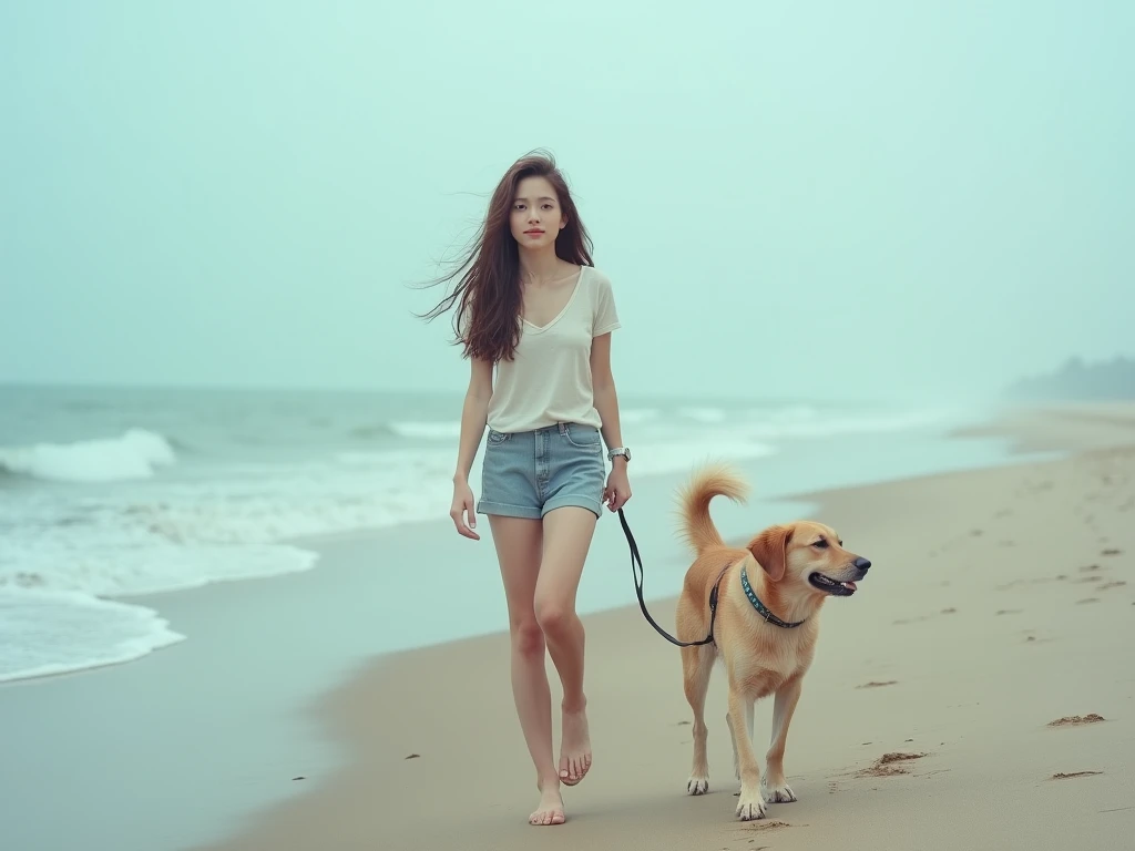 fot, taken from a distance that shows the entire body, She is very young, plein-air, em uma praia, short mini skirt and t-shirt, medium hips, Caucasian skin, sad for a lost love, long brown hair, a softened wry smile - contained excitement, Soft lighting on your face, realistic skin-clothes-hair textures, sky blue eyes carpeted mist, beautiful real textures and delicate aesthetics, full body view, walking with a dog, notable for natural feminine beauty, noise, 8 k quality, FOTO RAW, by professional photographer, rule of thirds, Extremely Detailed