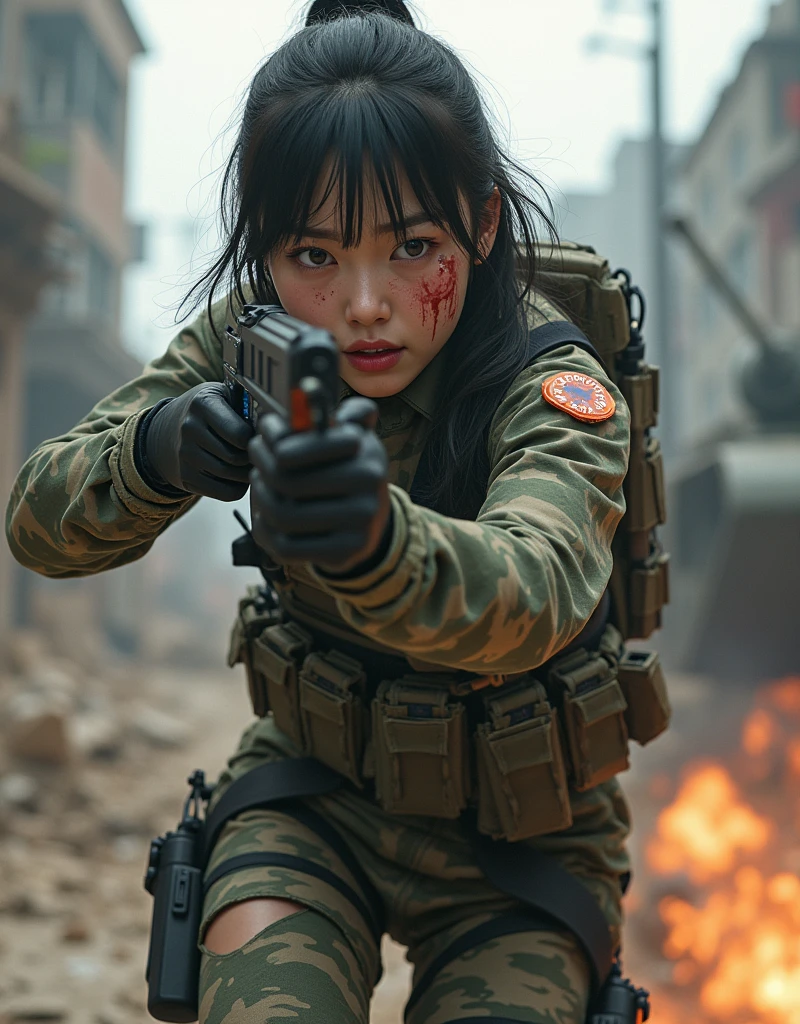Photo-realistic, ultra-realistic, (very beautiful Japanese, famous Japanese idol:1.3), (Fully equipped for battle:1.5), holding m4a1 large assault rifle, (amazing view of A building and tank destroyed by a missile explosion:1), (she is very scared and crying:1), (wearing an army soldier's Camouflage outfits with military helmet:1.5), (at a battle field of Abandoned Building at night), very large breasts, (tactical vest, military harness:1.3), (military long boots:1), acrobatic pose, Fighting urban warfare, dynamic angle, spectacular, Nimble movements, Sharp turns, (aim and shoot:1.3), bloodstained wears, injured