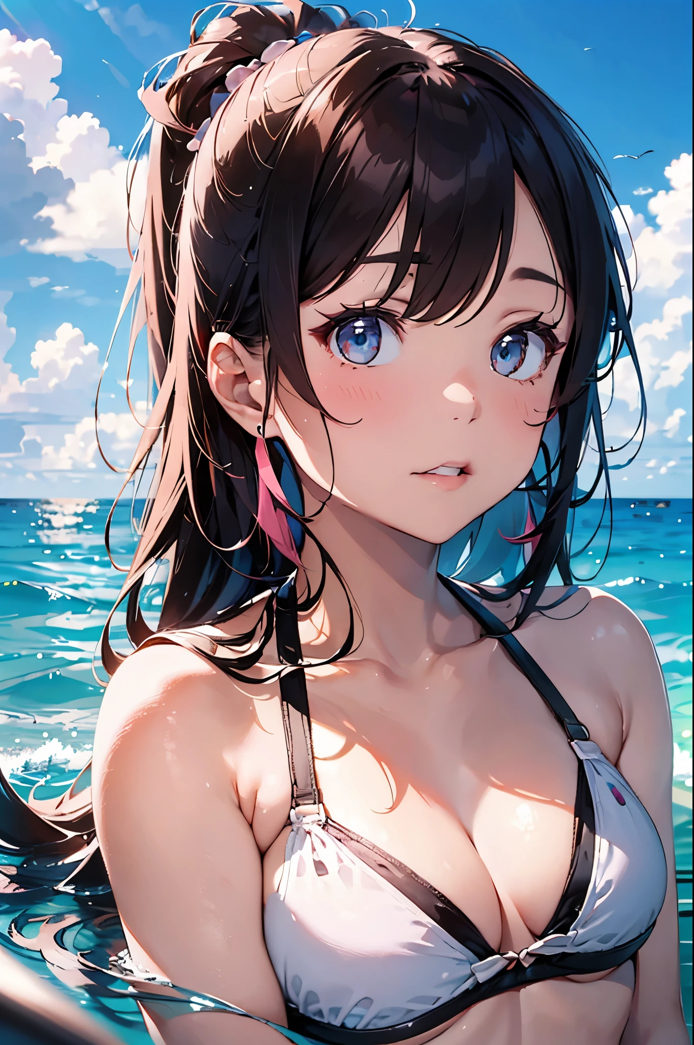 4K,8k,High resolution,Pink Swimsuit、
A pretty young woman,Pink Hair、ponytail、Pink Swimsuit、
(Soft Saturation:1.3), (Fair skin:1.2),
(ultra-Detailed Background, Detailed Background), Bokeh,
break'Smiling portrait.,
When viewed from the front, The composition is symmetrical,
Looking straight at you with serious eyes,
break Swimwear, White Bikini, Center of chest,
Outdoor, Sea surface, null, sunlight,Summer beach, Sandy Beach,
Strong light, Front lighting,
(:1.3), (Cowboy Shot:1.2),
Front brake angle,
View your audience,
Dynamic pose,
sitting on the beach
Wakame seaweed、Wakame seaweed、
Seaweed、Seaweed、Seaweed、Seaweed、Seaweed、Seaweed、Seaweed、
