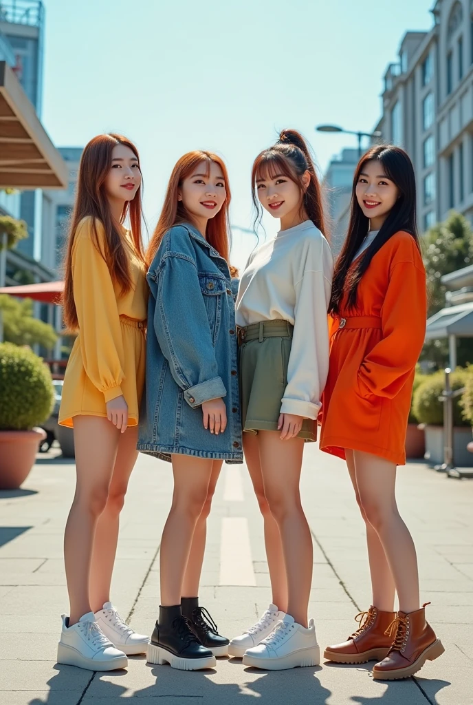  4 female kpop idols are outside (1 person with long, slightly red blonde hair and a European face and tall body) (black hair in a ponytail) (one person with short black hair shoulder length and bangs). (full body photo)they face the camera while posing very happily 