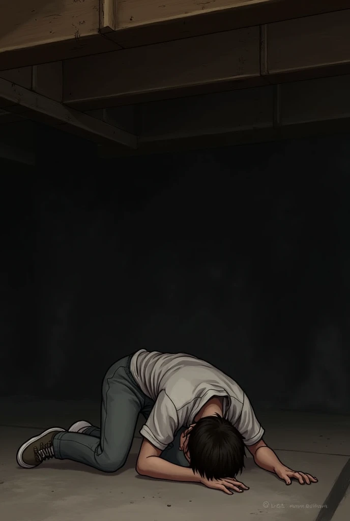 image of a person (mặc quần áo) lying curled up under the beam, looks very uncomfortable