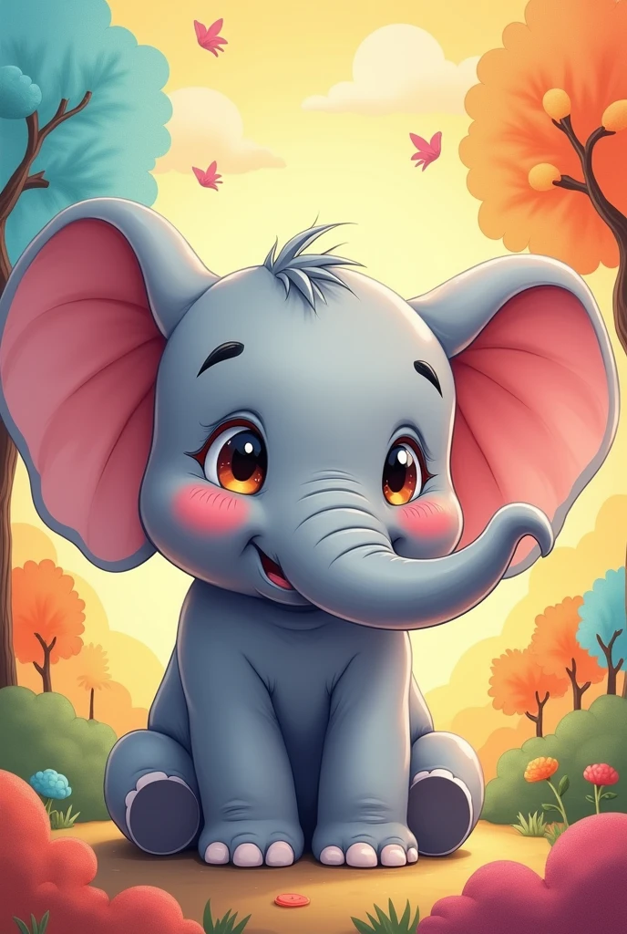 Create a 45 degree portrait of an elephant in a cute anime vibrant color-drawing style
