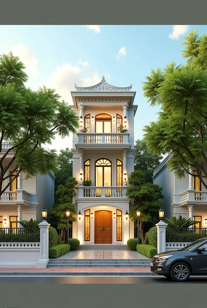 masterpiece, 4k pixels, High quality, Best quality, Realistic, Super detailed, Outdoors, 3 story villa, white wall, road, sidewalk, trees, Sky, clouds, (light daytime:1.1), Increase image clarity, Classic style, Indochina style townhouse,render(corona:1.1)