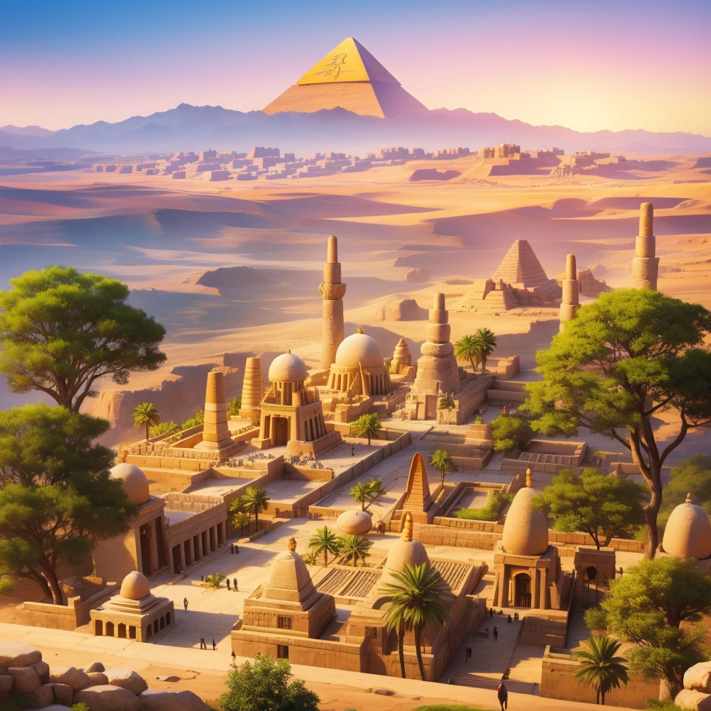 cute ancient Egyptian、A hill overlooking the colorful temples of ancient Egypt、A colorful view of the whole city