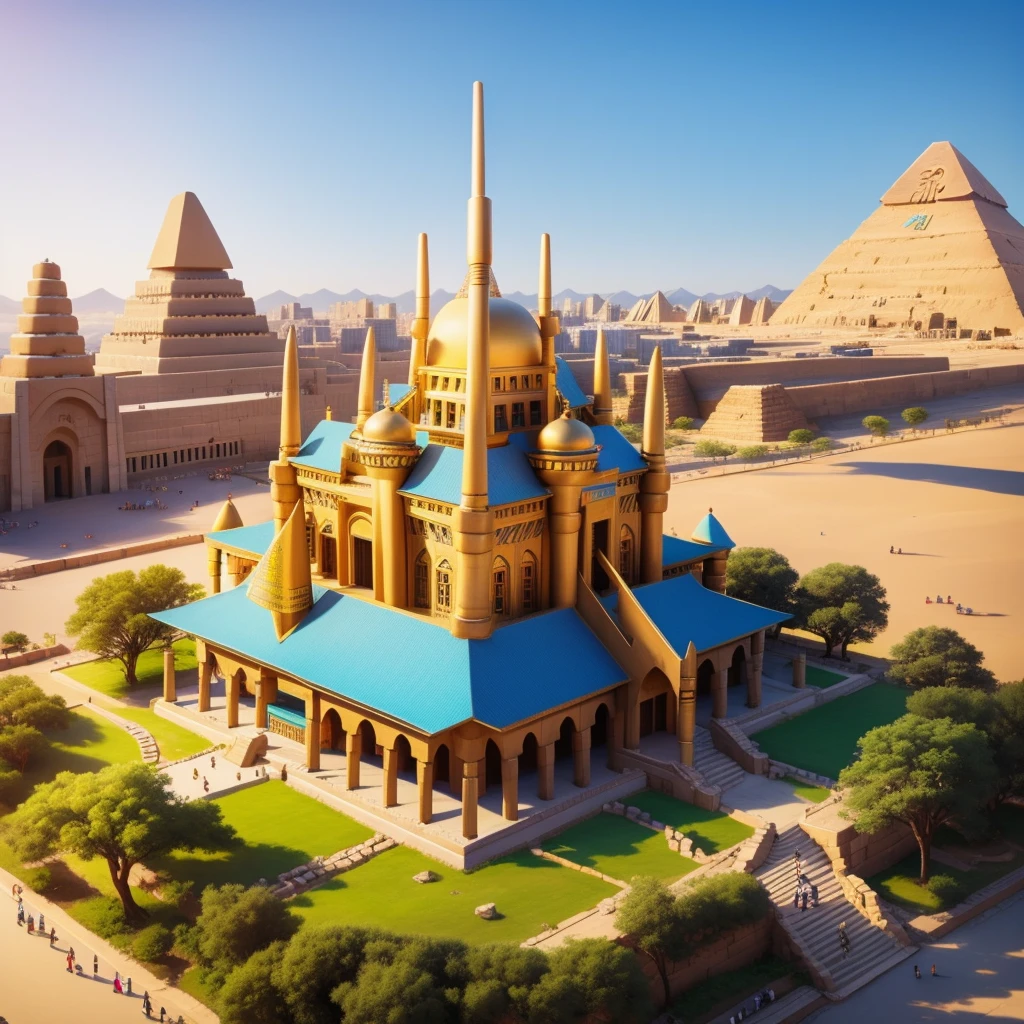 cute ancient Egyptian、A hill overlooking the colorful temples of ancient Egypt、A colorful view of the whole city