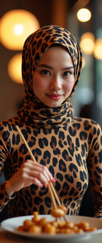 The beautiful,thin and clever asian muslimah adult girl with beautiful cheeks wears javan leopard print lycra footed turtleneck unitard catsuit covered with spots and plains javan leopard lycra elastane stretchy dancewear square hijab amira covered with spots.She is hungry when she eats satay at the restaurant.