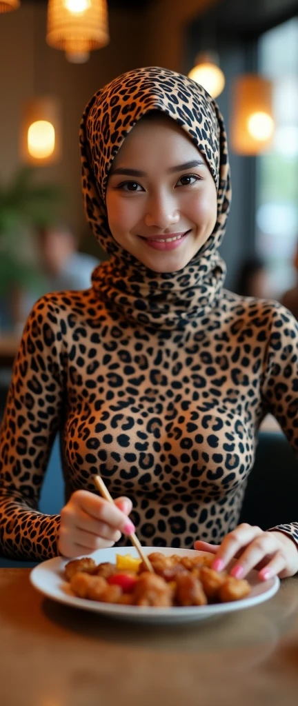 The beautiful,thin and clever asian muslimah adult girl with beautiful cheeks wears javan leopard print lycra footed turtleneck unitard catsuit covered with spots and plains javan leopard lycra elastane stretchy dancewear square hijab amira covered with spots.She is hungry when she eats satay at the restaurant.