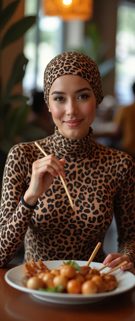 The most beautiful,thin,most pretty and clever malaysian muslimah adult girl wears ocelot print lycra turtleneck unitard catsuit covered with spots.She always wear ocelot print lycra dancewear stretchy square hijab covered with many spots.She is eating bihun at hotel.