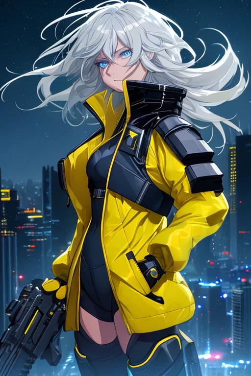 Adult woman, yellow glowing jacket, black undersuit, yellow shin guards, magic gun, silver hair, glowing hair, wind-blown, night sky, moonlight, futuristic city, low angle, one hand in pocket, looking down, blue eyes