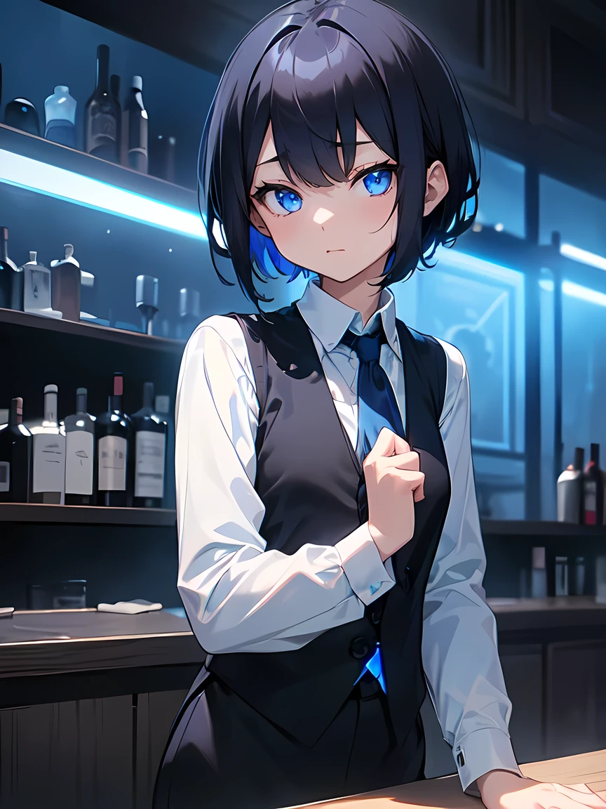 Dark blue short hair、Blue shining eyes、Medium chest、bartender、(A long-sleeved white shirt with a black vest、The Obsidian Bar with Blue Lights:1.3)、Girl、Thin limbs、(mini、Young、Girl、low length:1.1)、solo、Anime Style:1.1、