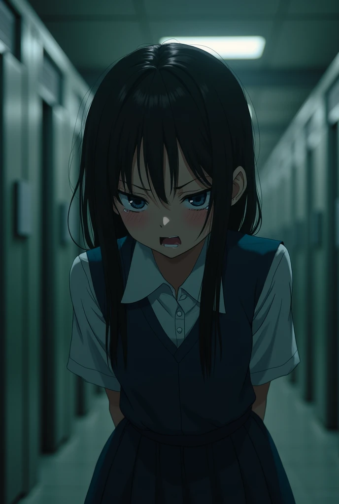 Japanese teenage girl in school uniform crying ,HD,4k, realistic,the night,Full Body Angle, women's toilet background, face looking at the camera with glassy eyes and shedding tears,