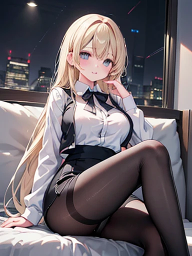 Company office at night、事務員の姿のblondeの少女、Sit on the sofa、Sitting cross-legged、I can almost see my panties.、Low Angle、Shooting from below、Highest quality, High resolution, masterpiece、(1 person),(Beautiful Eyes、Detailed Description、Look at the details、masterpieceサイドライト、masterpiece、Highest quality、become close、High resolutionのイラスト)、smile、Delicate makeup, (close:1.2)、Unbutton your shirt、((close:1.3)), Soft focus ground bokeh、(Highest qualityのイラスト:1.2), (pretty girl:1.1), (女の子erson, alone:1.5), (女の子1 pon、1、One Pose、Lewd images、((1 person、alone)), (Highest qualityのイラスト:1.2), (pretty girl:1.1), (1 person, alone:1), (Big and ample breasts)、((blonde、Long Hair))、break (White and grey theme:1.3), (Wearing [[White and grey check pattern]] A vest worn over a white-collared long-sleeved shirt:1.4), (Grey checked buttoned vest:1.2),open chest shirt、Cleavage、 break (Black Theme:1.4), (tight black pencil skirt:1.5), (pantyhose:1.3), (High heels:1.1),(panties:1.3), break ((become closeに書かれた顔:1.2)), ((Smooth texture:0.75, Realistic texture:0.5, Anime CG style)), Big and ample breasts, Dynamic Angle, Beautiful breasts, Perfect body, Dynamic pose, smile,Large Breasts
