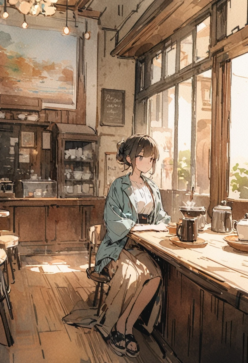 masterpiece,最high quality,Very detailed,High resolution backgrounds,8k,there is nothing,high quality,break,japanese manga style, sketch, Watercolor Colors,Cafe with a nice atmosphere,antique interior,Stylish interior,juvenile,slowly,relax,coffee,