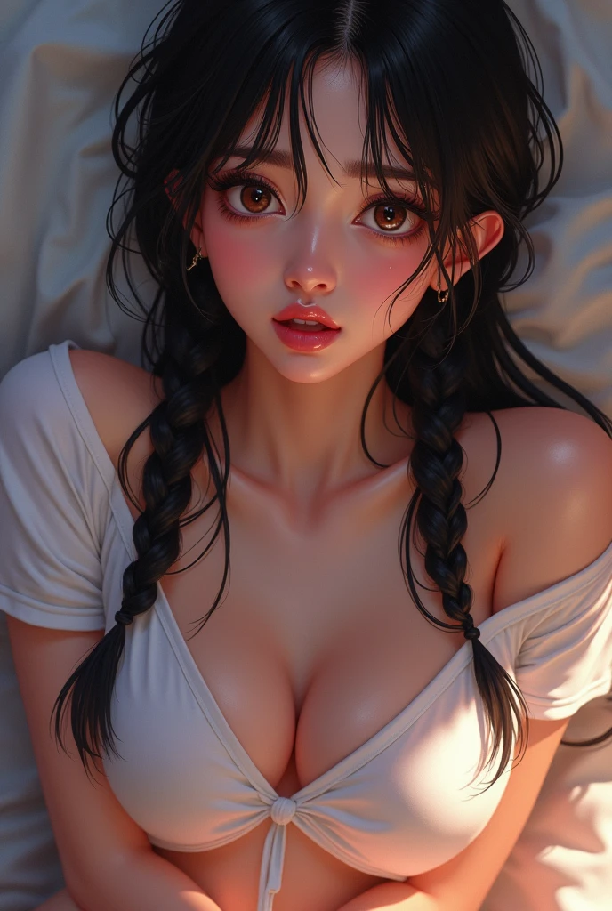 Hot Mom, Glossy pink lips, Brown sleepy eyes with long eyelashes、Her black hair is braided , I'm being hugged by a wet white T-shirt, Cute panties asshole. You look embarrassed, Looks like a manhwa character
