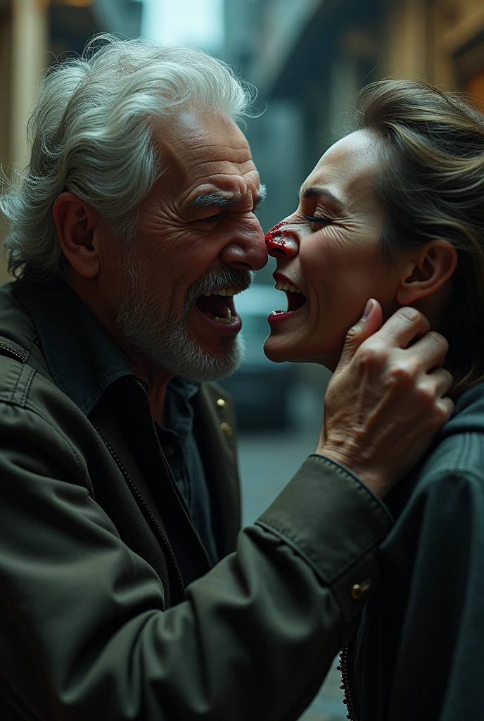 A old man punching a old woman in the nose, blood comes