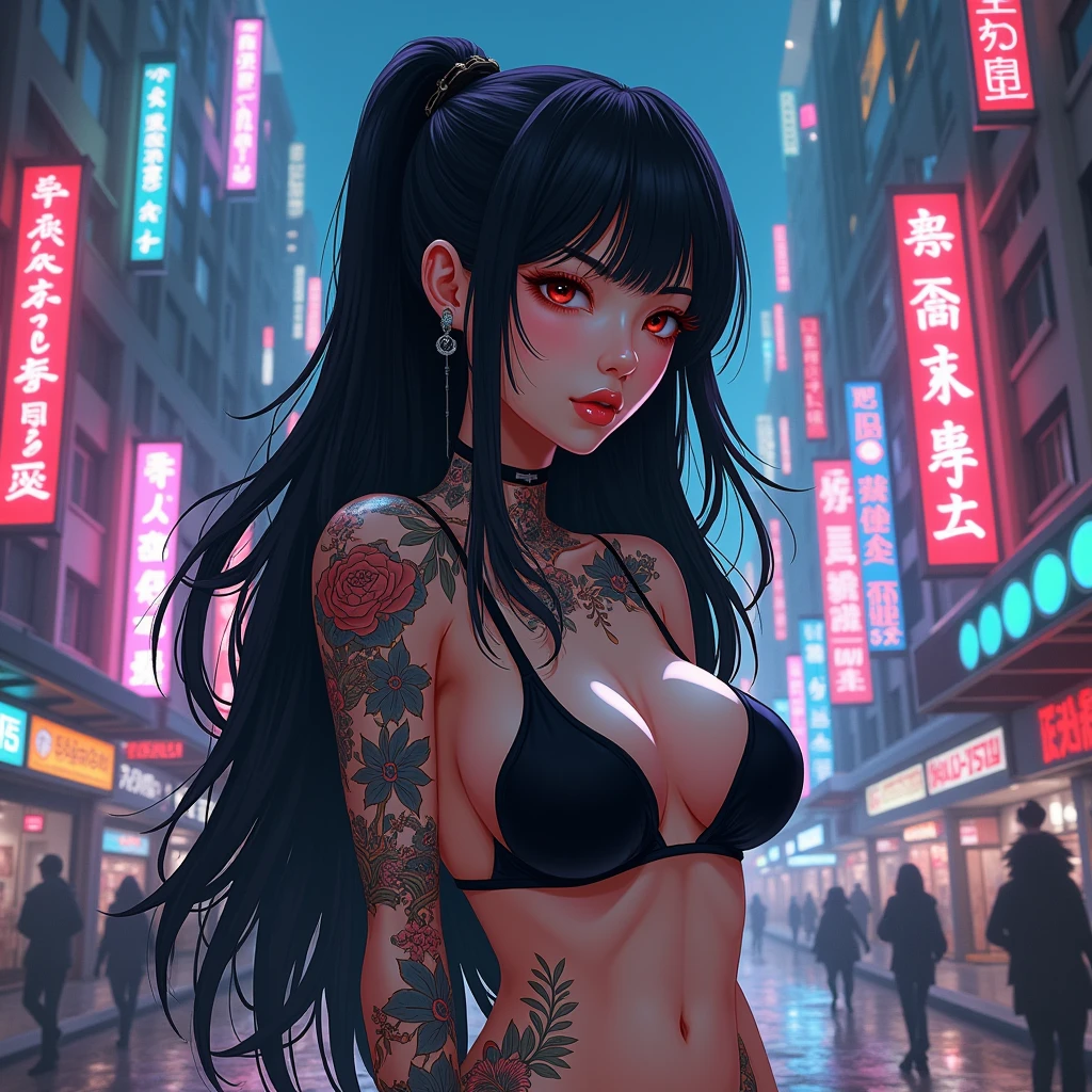 uma pintura digital da Re-l Mayer, References to anime ergo proxy, synthwave, neon, neon brilhante, coxas grossas, cintura fina, sensual, nsfw, pouca roupa, erotic art, anime, roupas  rasgada de batalha, extremamente sexualidade, corpo suado, NSFW, seios grandes, bunda grande, HD, 8k, Alta qualidade, detalhes, corpo perfeito, destaque o corpo, detalhe no rosto perfeito, Detail in the background