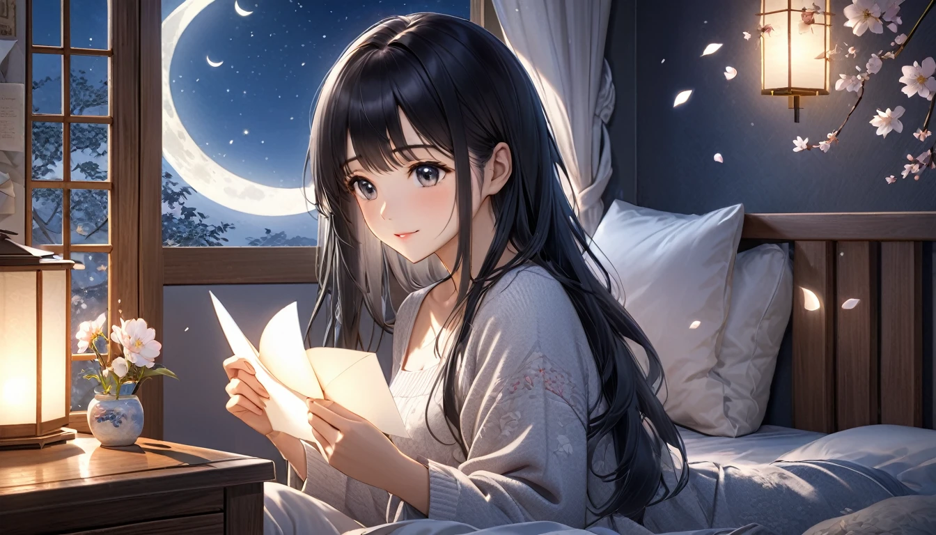 アニメ,A beautiful young Japanese woman with long black hair, dreamily gazing at a love letter, soft moonlight illuminating her face, cozy bedroom setting, romantic and tranquil atmosphere, photorealistic, highly detailed