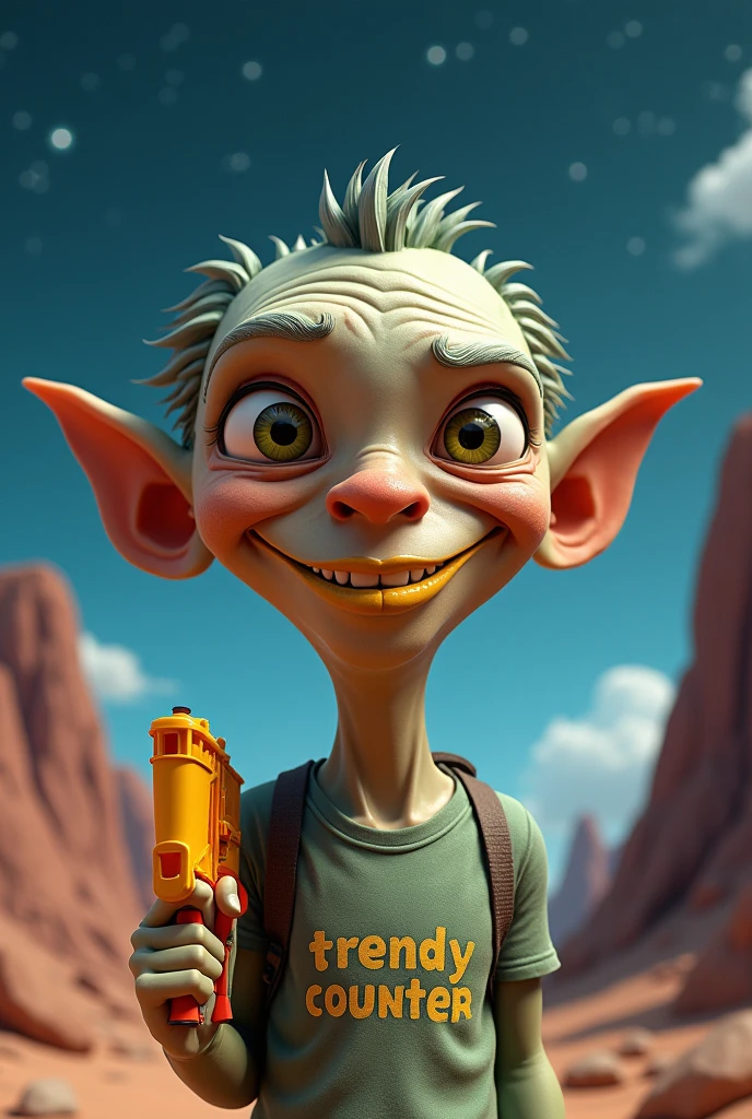 3D caricature, strange, his lips are bright yellow, his skin is scaly, his front shirt has the words "trendy counter" carrying a water gun, smiling sweetly at the camera and steep cliffs in the background, many stars