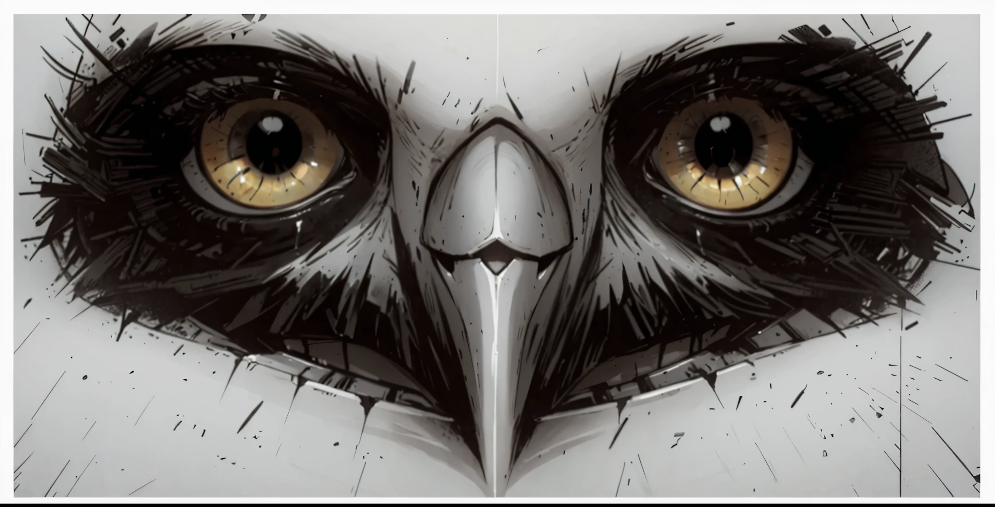 there is a close up of a bird with a very big eye, falcon bird face, very large eyes. symmetry, sparkling bird eyes, intense stare, with symmetrical head and eyes, large dark eyes, intimidating stare, heavy - lidded eyes, symmetric eyes, intelligent eyes. symmetrical, large entirely - black eyes, large entirely-black eyes, 1950s poster style, vector-art(cyberpunk) Flat colors, close up