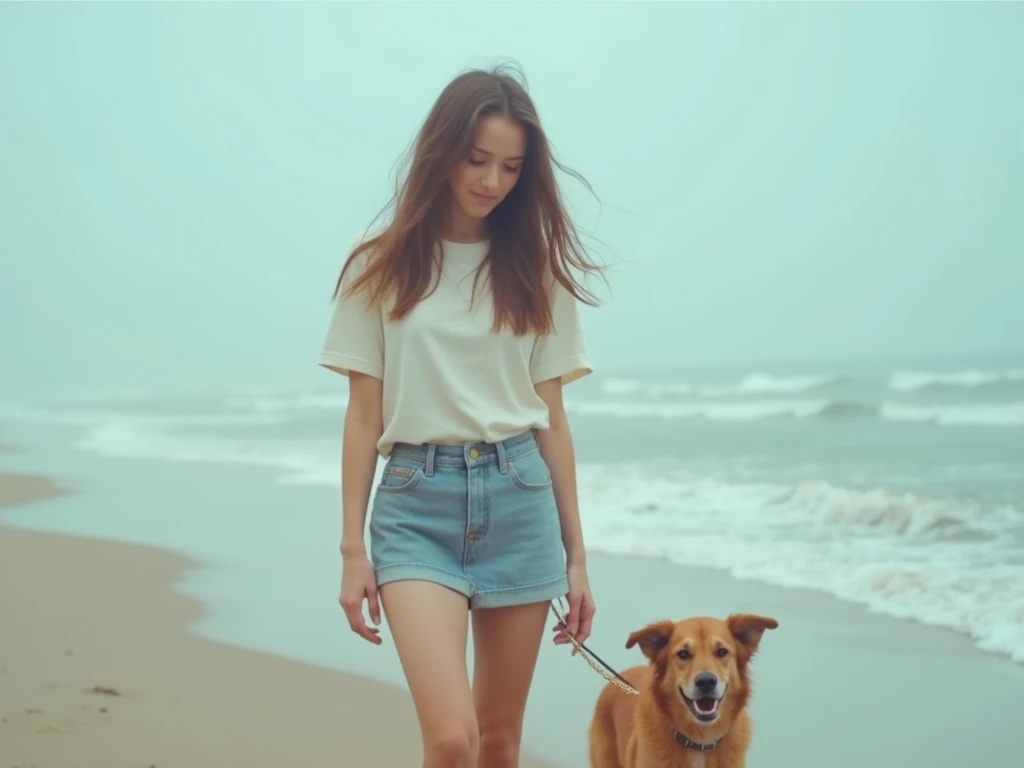 fot, taken from a distance that shows the entire body, She is very young, plein-air, em uma praia, short mini skirt and t-shirt, medium hips, Caucasian skin, sad for a lost love, long brown hair, a softened wry smile - contained excitement, Soft lighting on your face, realistic skin-clothes-hair textures, sky blue eyes carpeted mist, beautiful real textures and delicate aesthetics, full body view, walking with a dog, notable for natural feminine beauty, noise, 8 k quality, FOTO RAW, by professional photographer, rule of thirds, Extremely Detailed