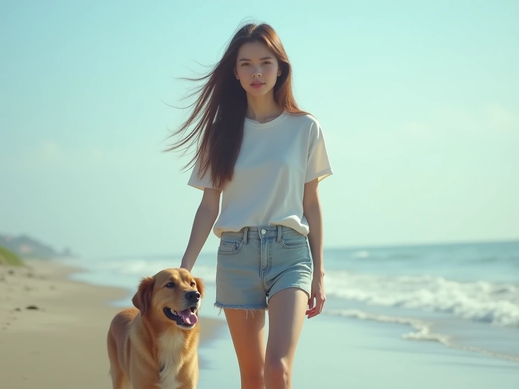 fot, taken from a distance that shows the entire body, She is very young, plein-air, em uma praia, short mini skirt and t-shirt, medium hips, Caucasian skin, sad for a lost love, long brown hair, a softened wry smile - contained excitement, Soft lighting on your face, realistic skin-clothes-hair textures, sky blue eyes carpeted mist, beautiful real textures and delicate aesthetics, full body view, walking with a dog, notable for natural feminine beauty, noise, 8 k quality, FOTO RAW, by professional photographer, rule of thirds, Extremely Detailed