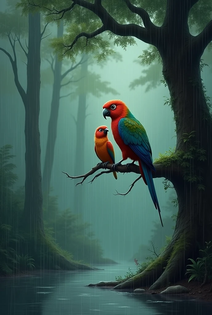 Four birds(one mother birds with other is )(many colours)on the branch of tree in rainy day in sad moments background is forest tree , bottom of tree water store in many pond