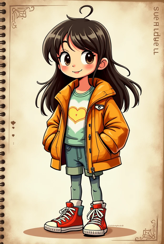 a girl with cute eyes and long haircut, with side bangs and loves to do fashion, a go with the flow girl BUT MAKE IT LOOK LIKE FROM A DIARY OF A WIMPY KID