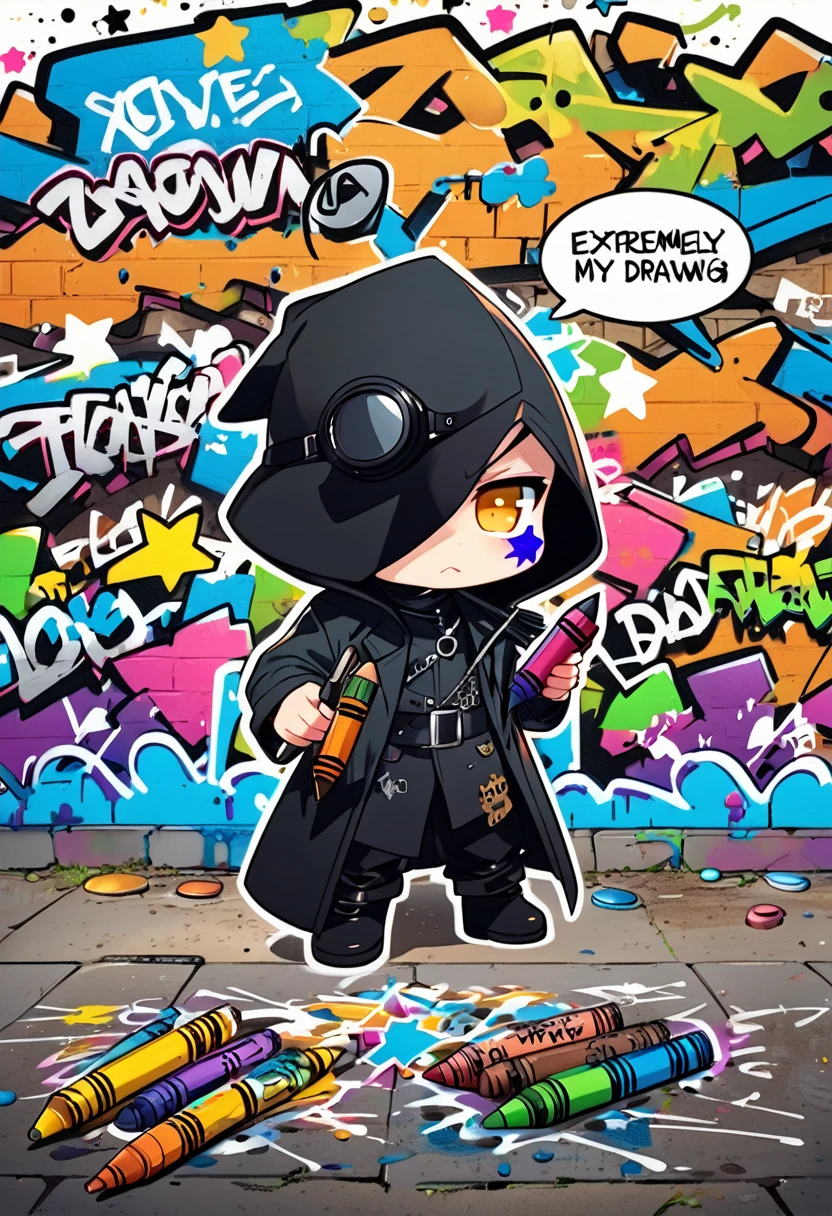 ((graffiti:1.5), (crayon:1.3), (extremely bad drawing:1.5)), white background,
(guns, star, cloud, graffiti on my face),

( chibi, chibi anime, spoken musical text),BREAK chibi-boy,((wearing plague-doctor costume,plague-doctor goggles and mask)),eyes glow blue,black hood and lab-coat, mecha arm,