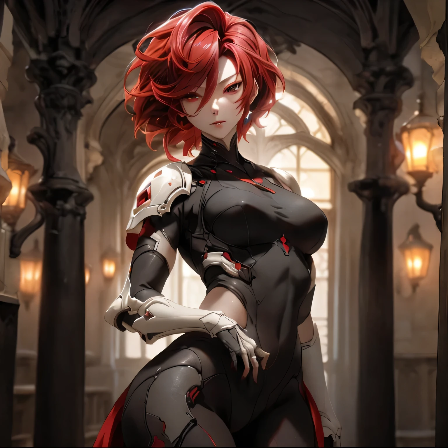 (best quality)), ((Masterpiece)), (details:1.4), 3d, HDR (high dynamic range), an image of a beautiful cyberpunk female, Red hair, Short hair, Red eyes, hips up, จมูกโด่ง, ปากแดง, หน้าอกใหญ่, nvidia RTX, PBR surface, After processing, Anisotropic filtration,depth of field, Maximum clarity and clarity, multi-layered surface, Subsurface scattering, perfect proportions, 8K raw files, ultra detailed, Perfect proportions, volumetric lighting, soft lighting, Holy Paladin, Light black Armor, glossy skin, castle background, jewely, ต่างหู, นิ้วมือสมบูรณ์,