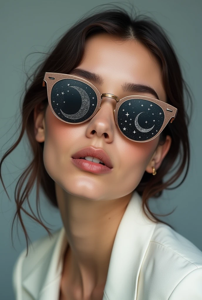The model is wearing glass sunglasses with stars and the moon on the glass