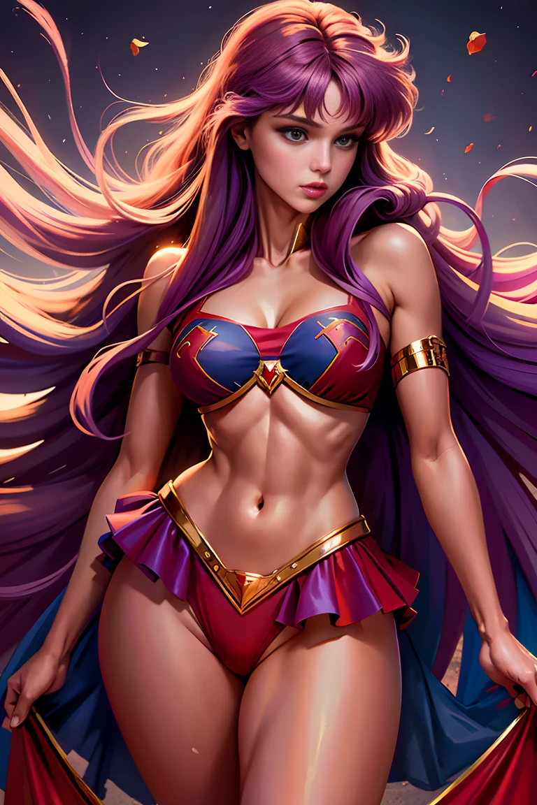 beautiful lighting,best quality,cabelo roxo,absurdrez,master part,ultra highres,photorrealistic, sexy model pose, fotografia de fully body,delicate elegance,fully body, 1 girl, Kido_saori,(usando cosplay da Supergirl, red cloak, S for Superman on chest, blue swimsuit, Red skirt, red boots)