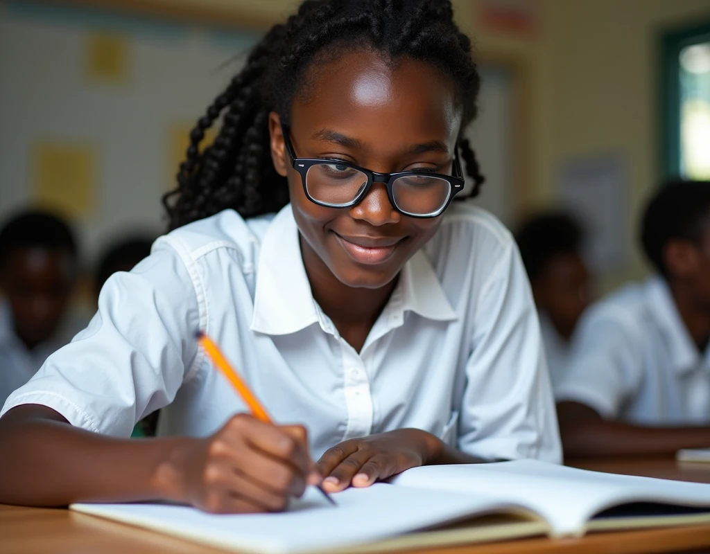 Developing cultural and intellectual skills, education according to the curricula prescribed for students ,  receiving information in the classroom, a close-up picture of a african   student with glases wearing a  WHITE  uniform  sitting on a school desk, performing school assignments