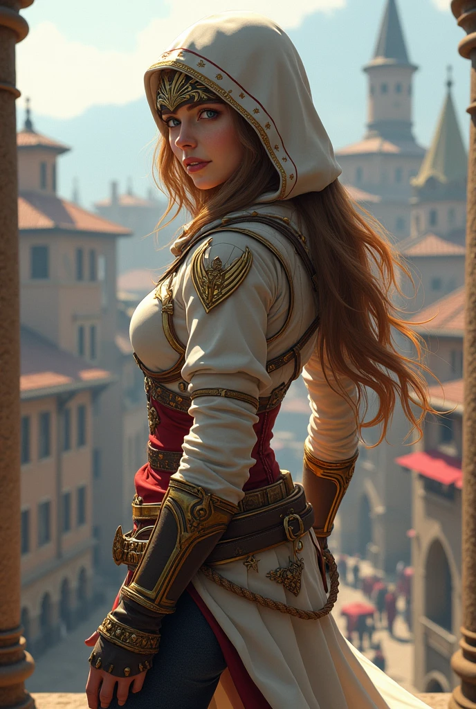 Princess Zelda full body shot, Brown Hair, blue eyes, Dressed as an Assassin&#39;s Creed Assassin, white+金色でwhiteいマスクと金色のディテールが施されたフード, XL Bust, Using the Wrist Blade. background: Renaissance city. Unreal Engine 5, anime, anime style, masterpiece, Well drawn eyes, Well-drawn faces, 細部までWell drawn eyes, 細部までWell-drawn faces, 8k, Light and shadow effects.  