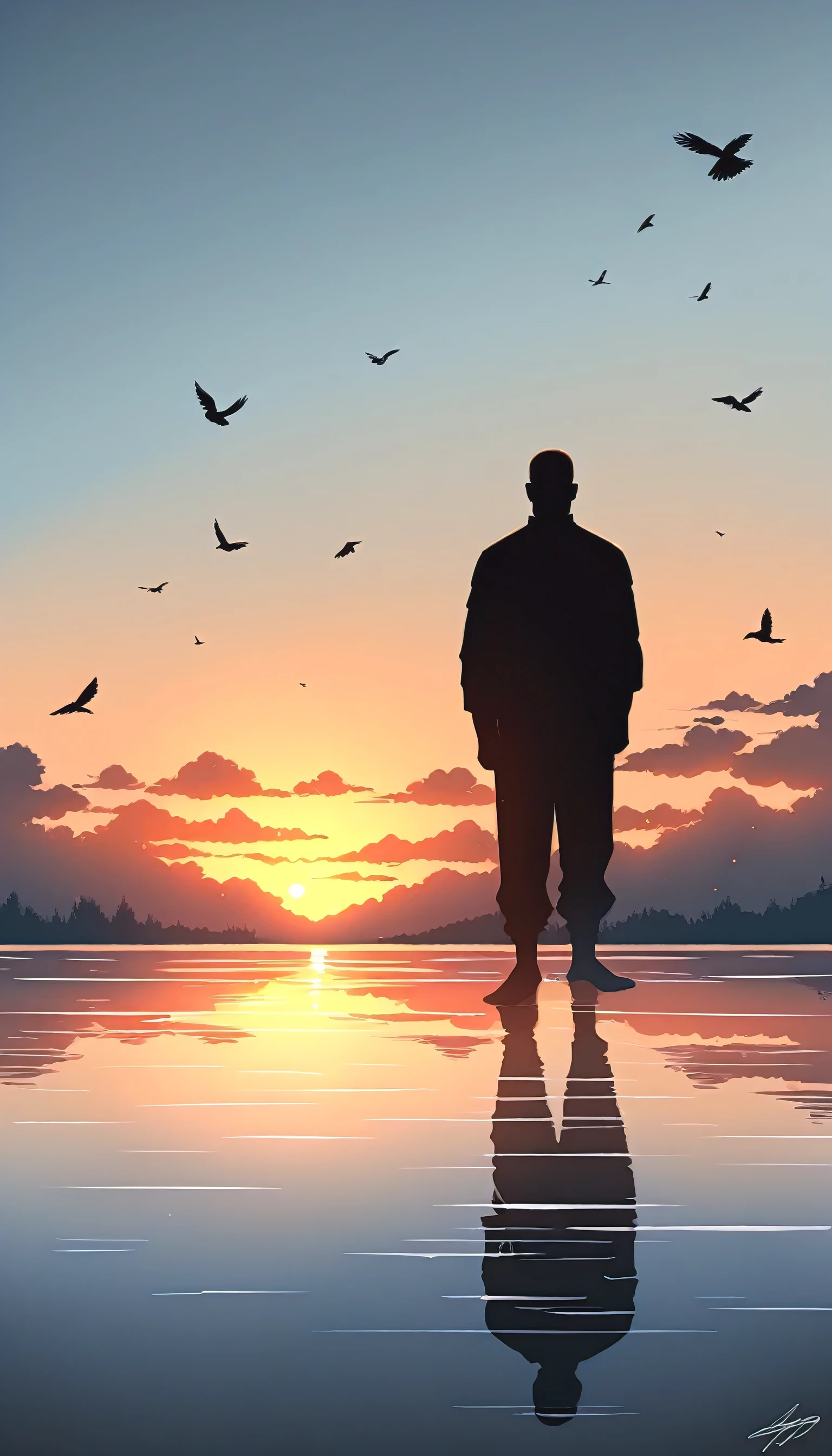 A man in a black bodysuit stands in the smoke, Priapus, Dark Black, Dark black skin, Buzz Cut, His muscles are very developed, Very tall, short hair, Blend into the smoke, Lake, Reflection, Sunset, Sunset, Bird, plum bossom, Man silhouette, Chinese, black and white, Simple style