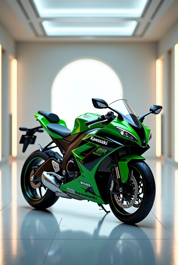 1 kawasaki ninjah2r black green standing in showroom luxury in white light ultra realistic light 8k quality RGB bg 16k bg quality ultra realistic light colour neo name ayush