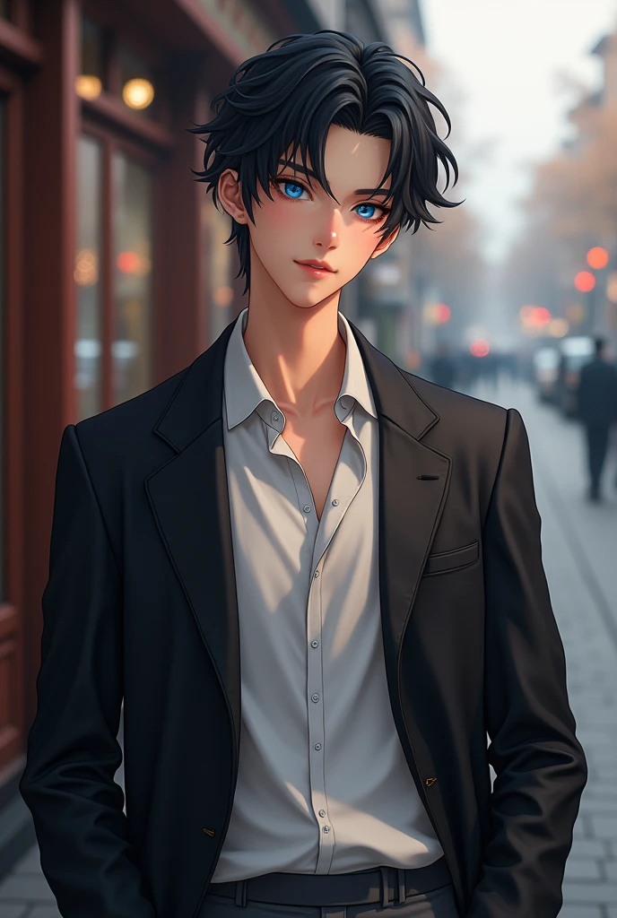 20-year-old man, tall, shiny black hair, Nesita, long, bright blue eyes, gray pants, white shirt, long black coat, a gentle, kind person 