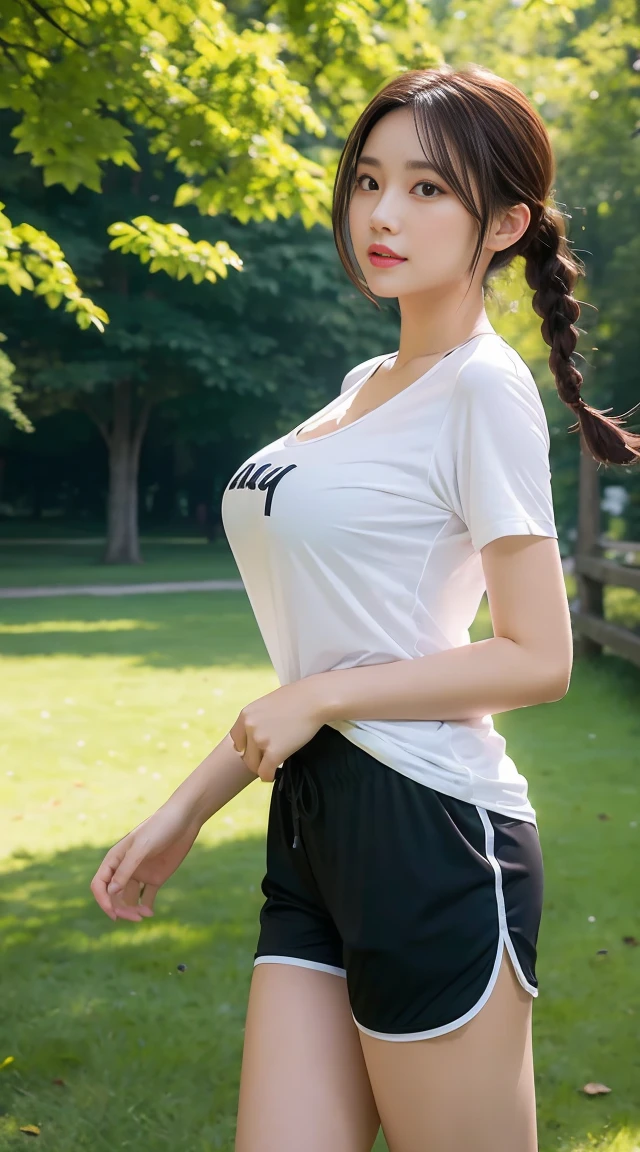 a beauti，slightly fat big breasts，plumw，Raised sexy，transparent t-shirt, Loose fit sports shorts，Thick legs，camisole，long hair braid，Take a walk in the park，natta，k hd，A high resolution