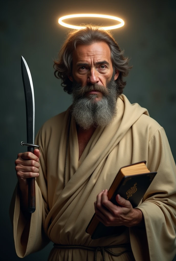 cinematic image, high resolution of a holy man with a beard, short brown and gray hair, wearing a tunic like Jesus', the tail of his tunic reaches his neck.Holds a knife with a curved blade in one hand, in another a holy book. The man has a halo. His face expresses pity