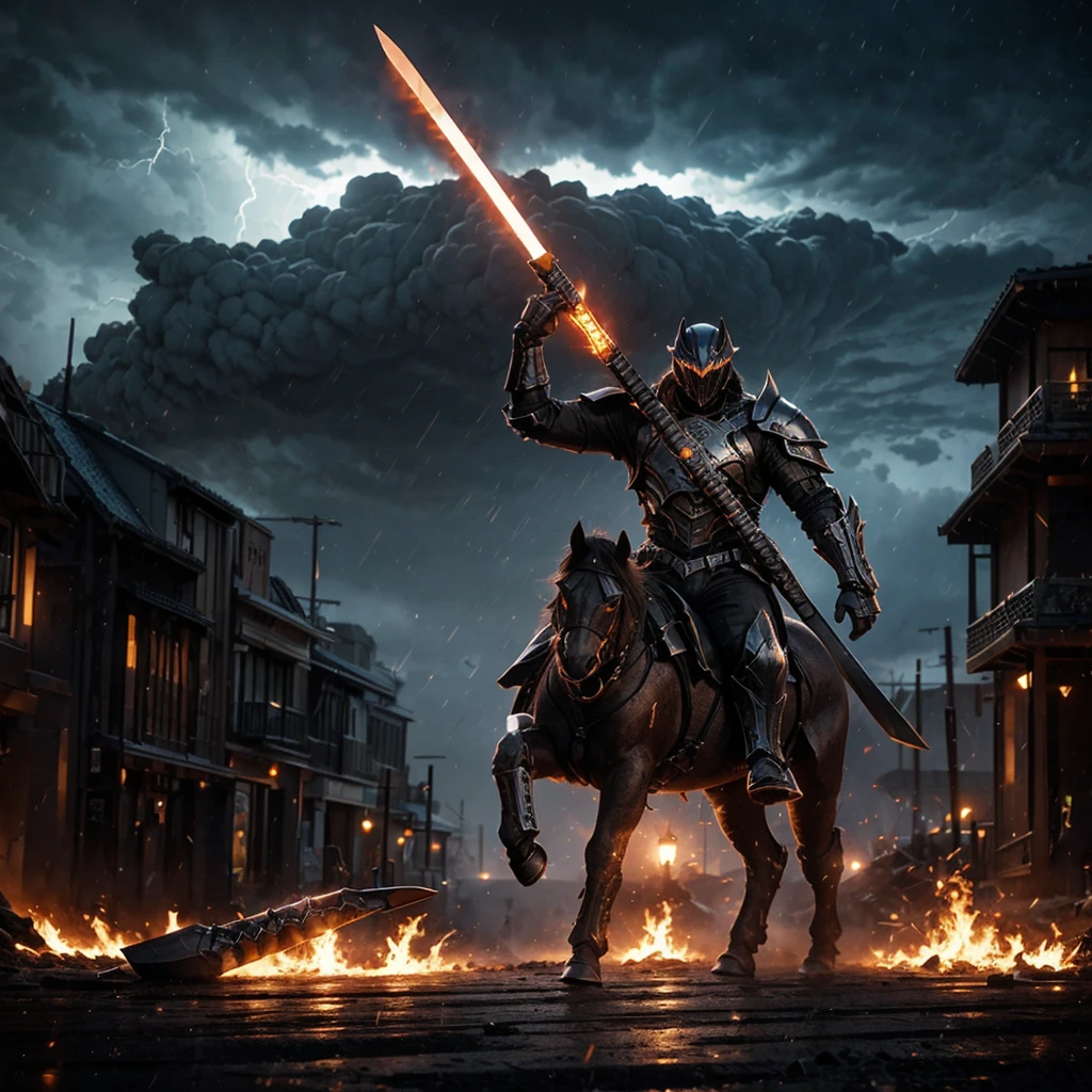 A armored horsemen of the Apocalypse holds a large glowing sledgehammer in his hands in the air, a warg at his side ,burning city in background during thunderstorm