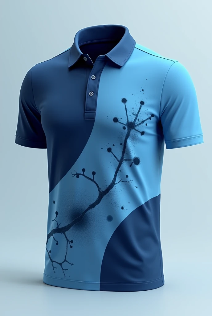 Create a mockup organization color gradient dark blue polo shirt and design it with some elements relating to science, example is Molecules or human organs.  The design should be just drawn in minimalist and ink color of design should be dark color of blue. And the both side of shirt should be blue gradient color. show the front and back of shirt 